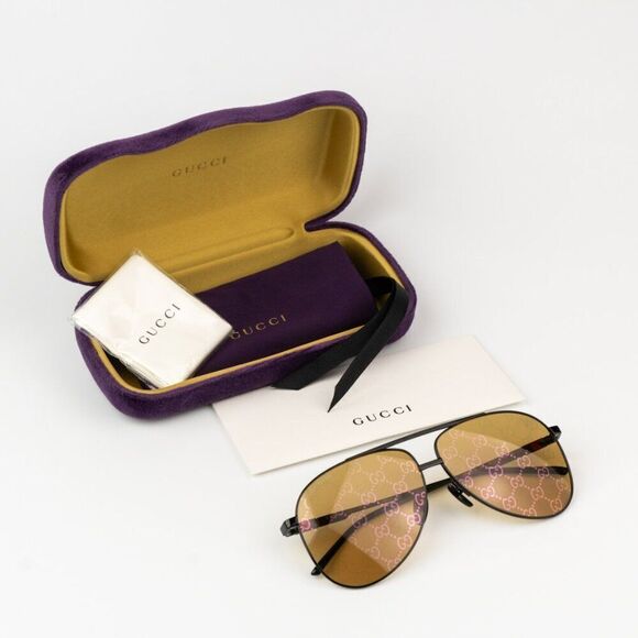 NEW Gucci GG1677S 005 Black Yellow Mirror Logo Pilot Unisex Sunglasses main image 4